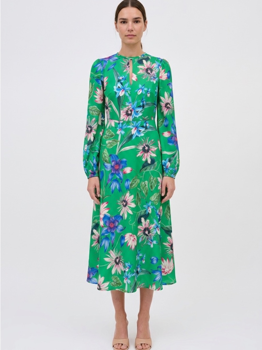 H&M Green Floral Long-Sleeve Midi Dress